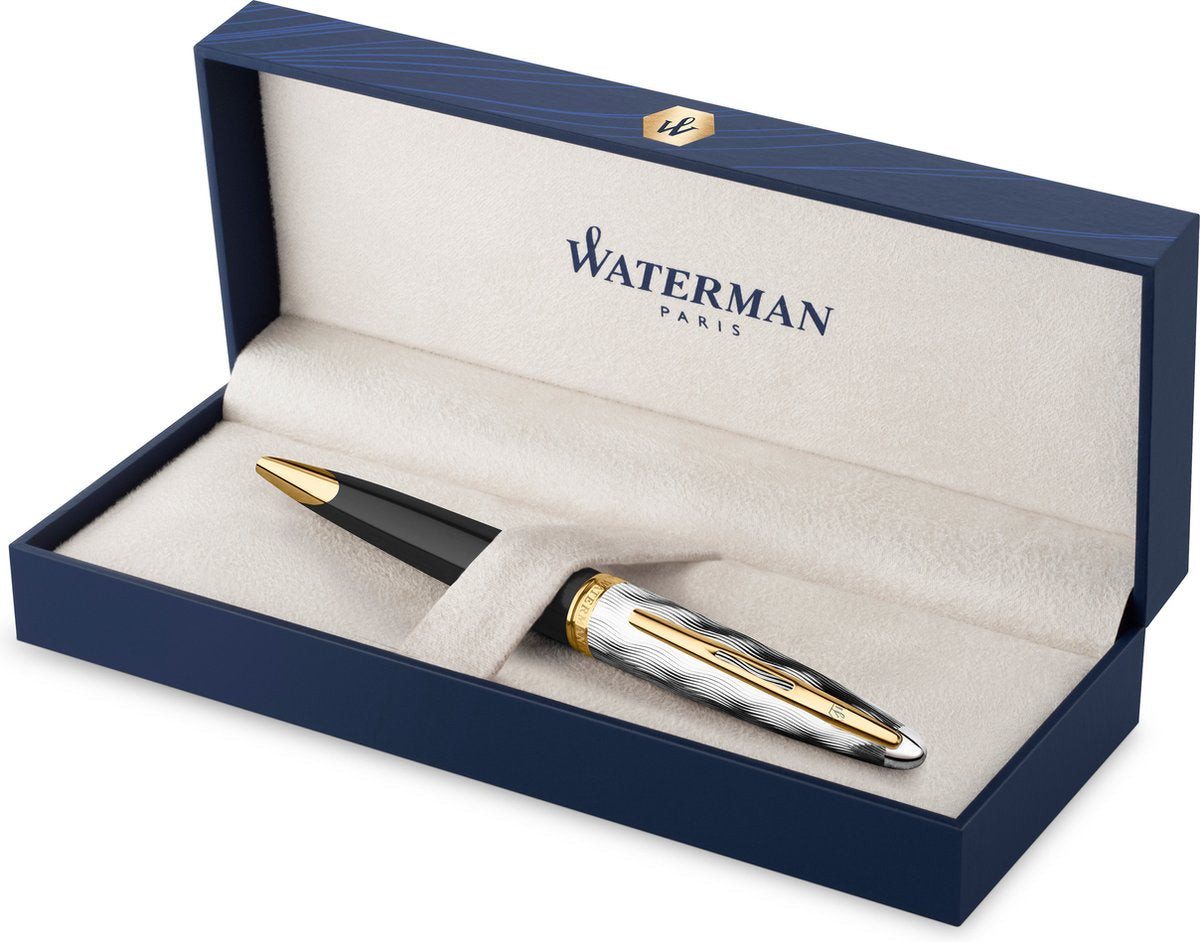 Stylo à bille Waterman Carene | métal et laque noire avec détail doré et capuchon ciselé | point moyen | avec coffret cadeau