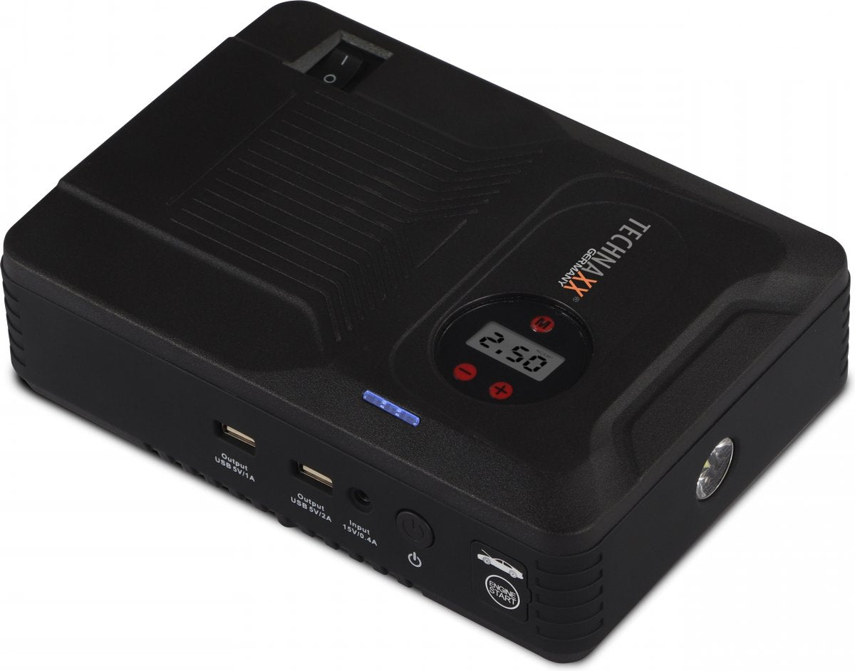 Technaxx tx-219 - Démarreur multifonction 4 en 1, chargeur de batterie, compresseur et banque d'alimentation - Batterie 14000 mah - Lampe LED - Compresseur 3,5 bars - Sorties USB - Convient pour voiture - Noir