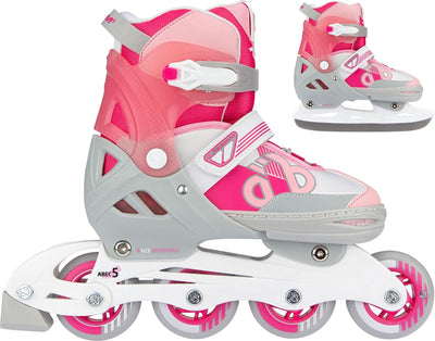 Nijdam rollers en ligne combo 2 en 1 enfant réglables - hockey sur glace - rose - taille 29-32