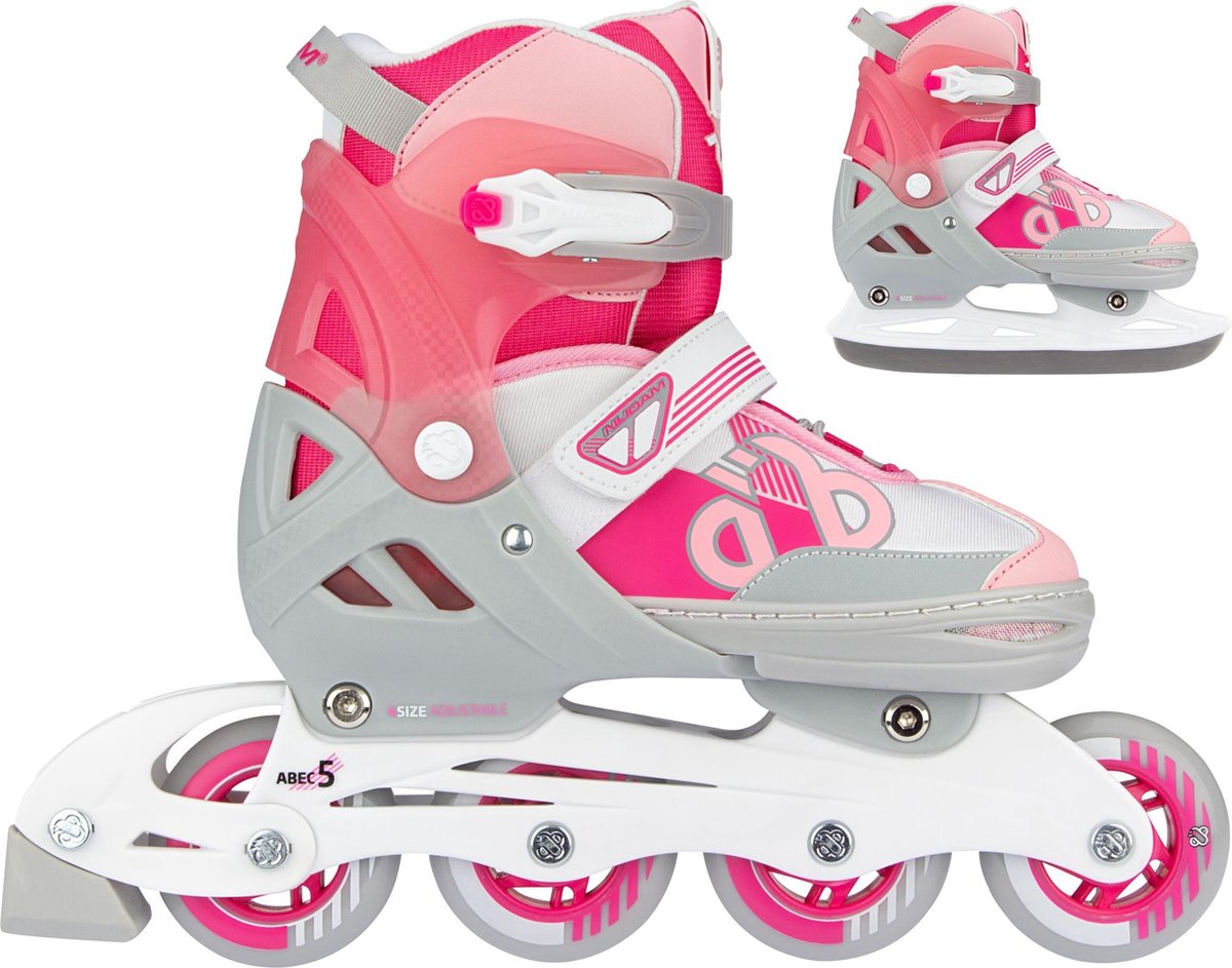 Nijdam rollers en ligne combo 2 en 1 enfant réglables - hockey sur glace - rose - taille 33-36