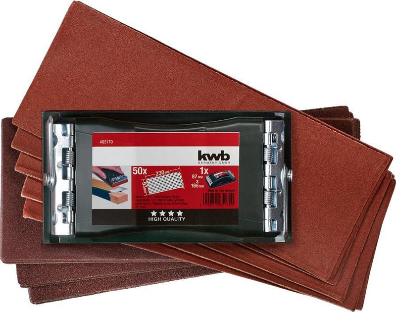 Kit de ponceuses manuelles Kwb, 2 pièces comprenant un bloc de ponçage avec dispositif de serrage et des bandes abrasives en papier abrasif 93 x 230 mm (50 pièces)