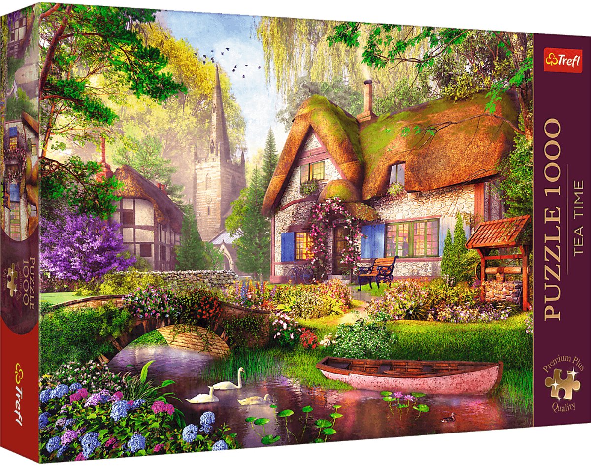 Trefl puzzle l'heure du thé le chalet forestier 1000 pièces premium.