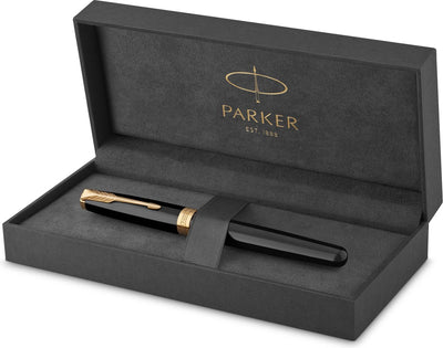 Stylo roller Parker Sonnet | noir avec garniture dorée | pointe fine à l'encre noire | avec coffret cadeau