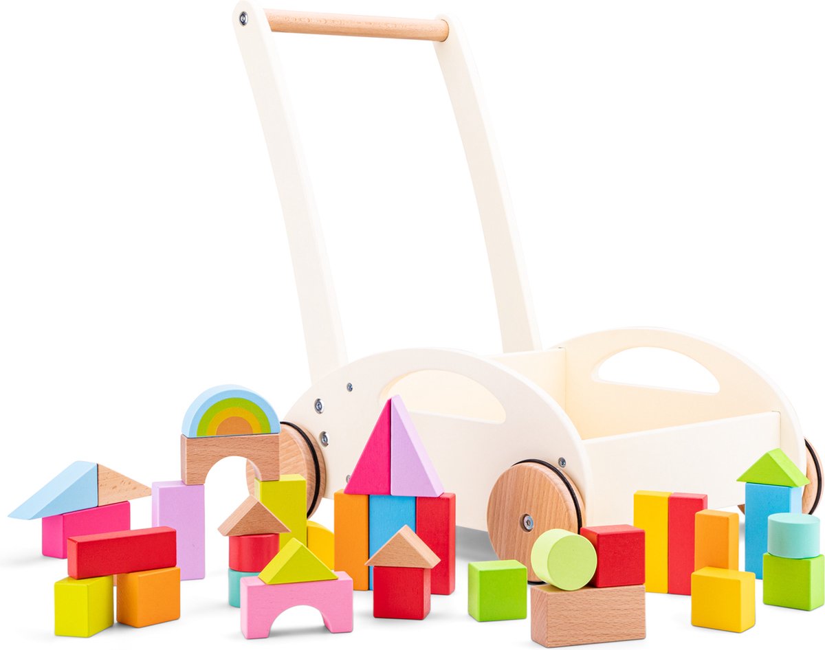 Chariot à blocs en bois New Classic Toys - comprenant 36 blocs - hauteur 44 cm