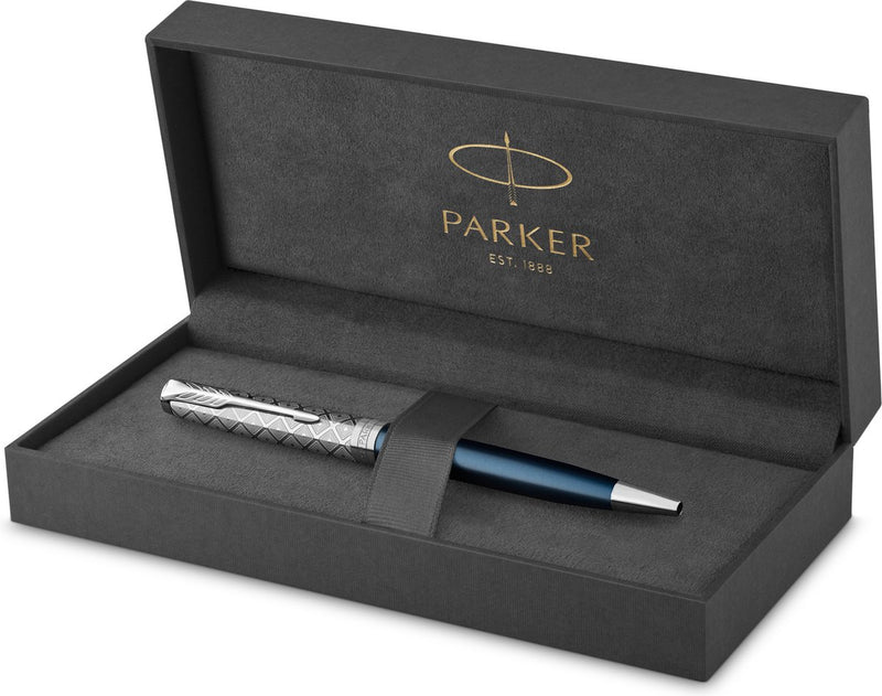 Stylo plume Parker Sonnet | | acier inoxydable et laque bleue | plume fine avec recharge d'encre noire | coffret cadeau