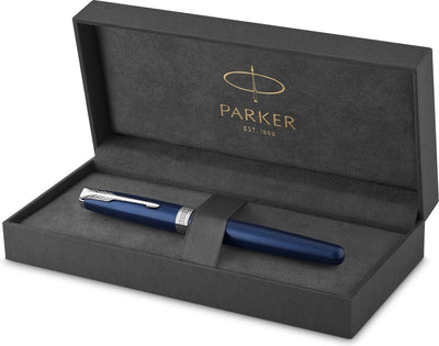 Stylo roller Parker Sonnet | peint en bleu avec garniture en palladium | encre noire à pointe fine | emballage cadeau