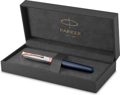 Stylo plume Parker Sonnet | Collection Intrepid Journeys, édition Mont Fuji | laque bleue et argent massif finition or rose | plume en or massif moyen | emballage cadeau