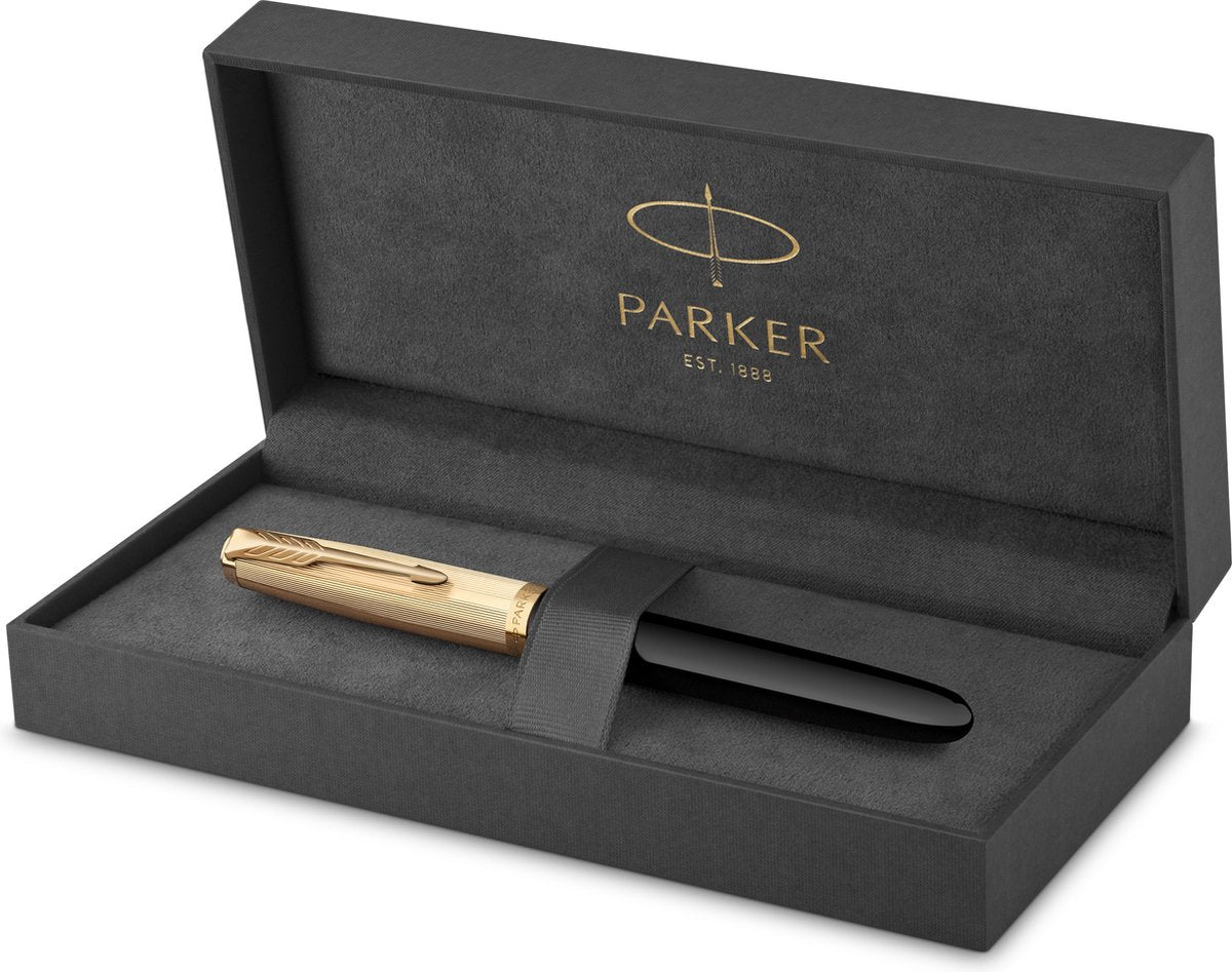 Stylo plume Parker 51 | Or pur 18 carats | résine noire | détail doré | pointe fine à l'encre noire | emballage cadeau