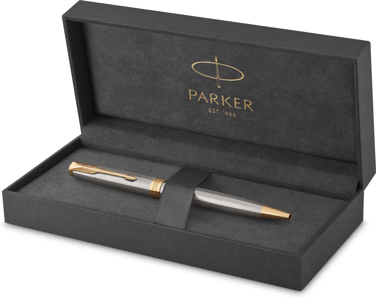 Stylo à bille Parker Sonnet - pointe moyenne - encre noire - acier inoxydable avec bordure dorée - incl. coffret cadeau