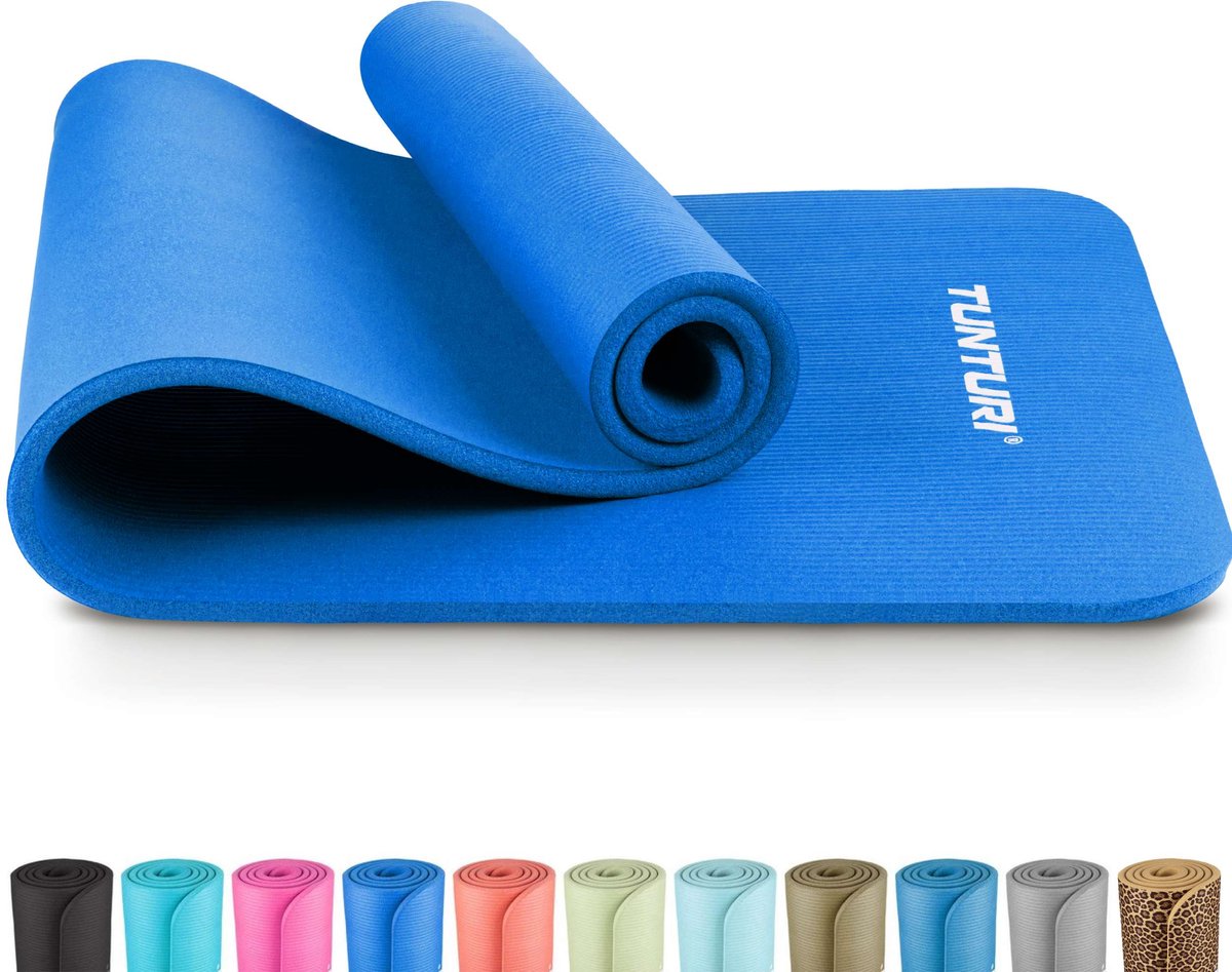 Tapis de yoga Tunturi nbr antidérapant - tapis de fitness extra épais doux - tapis de sport - 180x60x1,5 cm - avec application d'entraînement - bleu