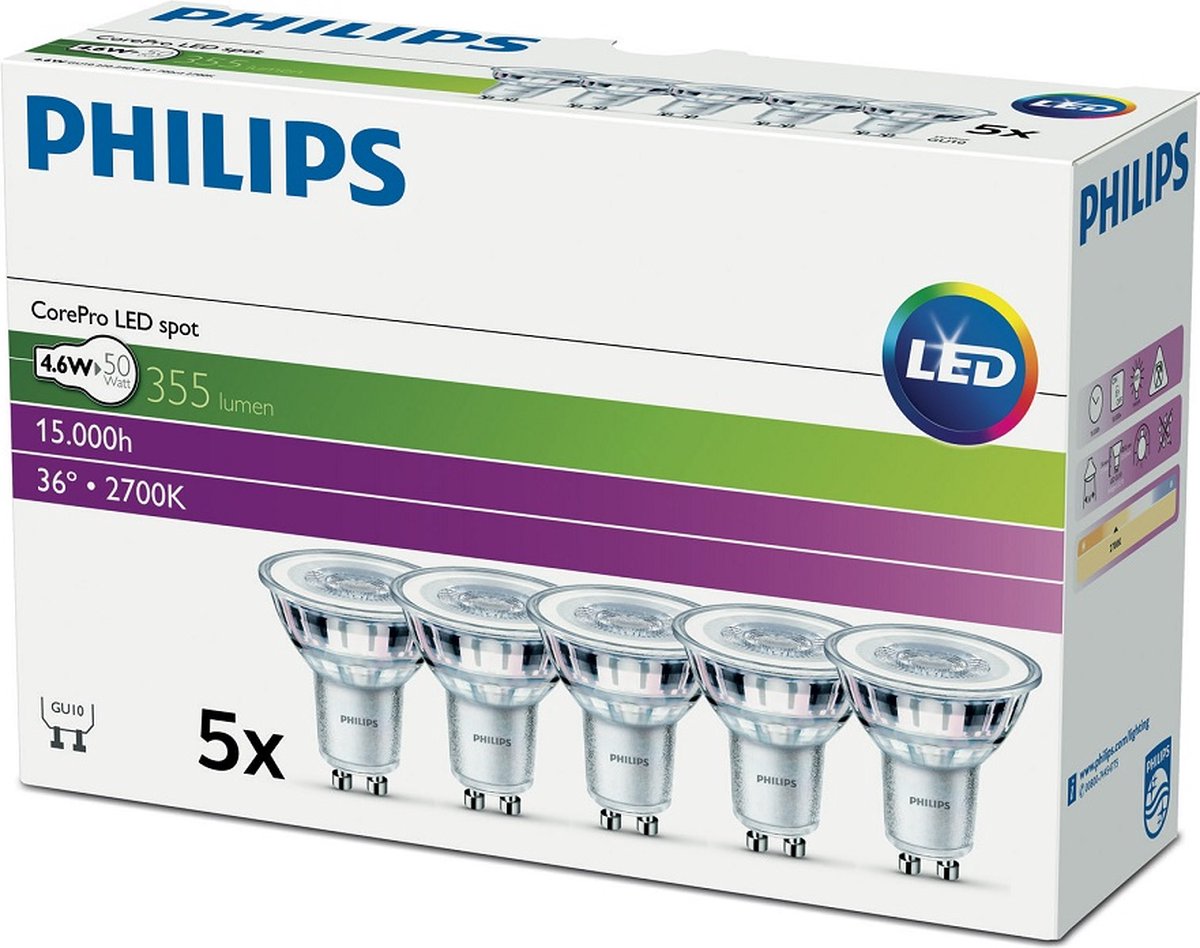Philips LED spot gu10 - 4,6w (50w) - lumière blanc chaud - non dimmable - 5 pièces