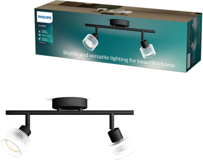 Spot en saillie Philips Hearing - culot LED Gu10 - orientable - 2 points lumineux - clickfix - noir avec verre nervuré