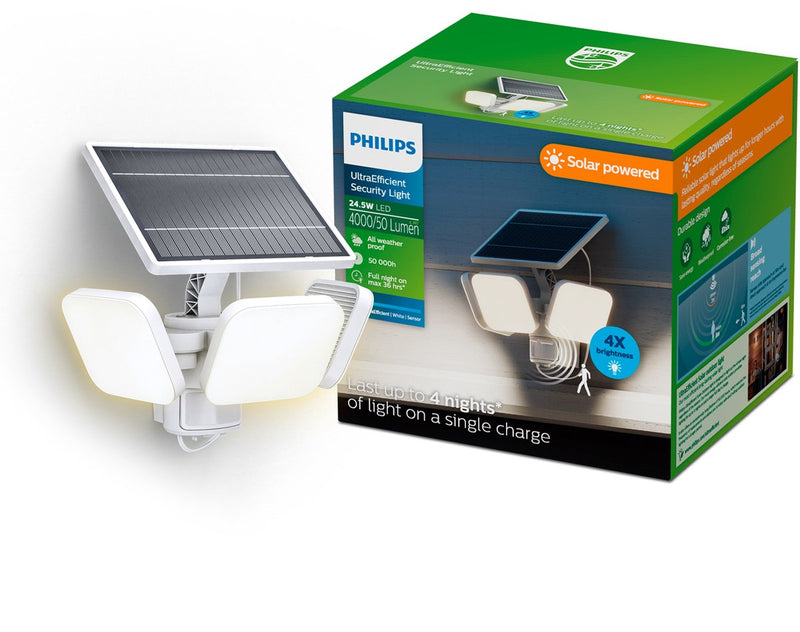 Philips LED Applique Philips Ultraefficient Zyren - lampe de sécurité solaire - projecteur - détecteur de mouvement - lumière blanche brillante : 5000k - 24,5w - blanc - deux modes d'éclairage - capteur crépusculaire - énergie solaire - résistant à l'eau