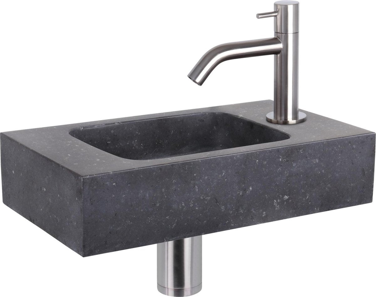 Differnz set de fontaine bombai noir - pierre naturelle - robinet courbé chrome mat - 40 x 22 x 9 cm