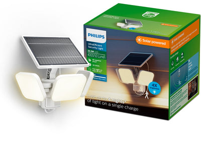 Philips LED Applique Philips Ultraefficient Zyren - lampe de sécurité solaire - projecteur - détecteur de mouvement - lumière blanche brillante : 3000k - 24,5w - blanc - deux modes d'éclairage - capteur crépusculaire - énergie solaire - résistant à l'eau