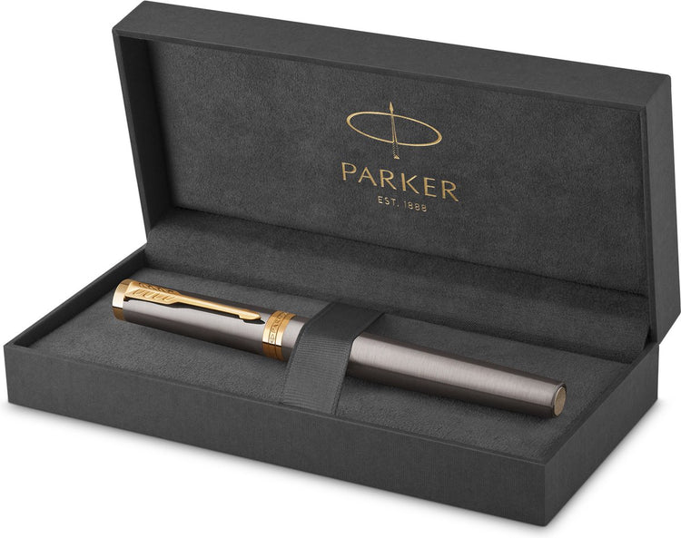 Stylo roller Parker Ingenuity | peinture grise avec détails dorés | pointe fine en acier inoxydable | encre noire | emballage cadeau