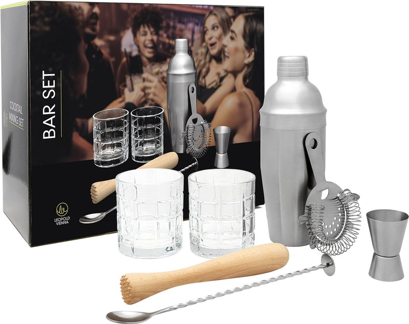 Léopold Vienne - service à cocktail 7 pièces (shaker, pipette, pilon, cuillère de bar, verres) coffret cadeau