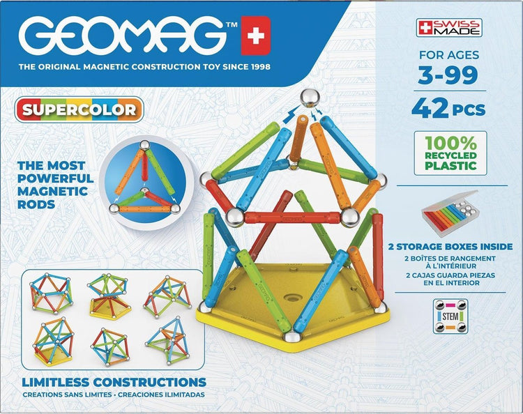 Geomag magicube super color recyclé - blocs de construction magnétiques avec accents de couleur - 42 pièces - à partir de 5 ans