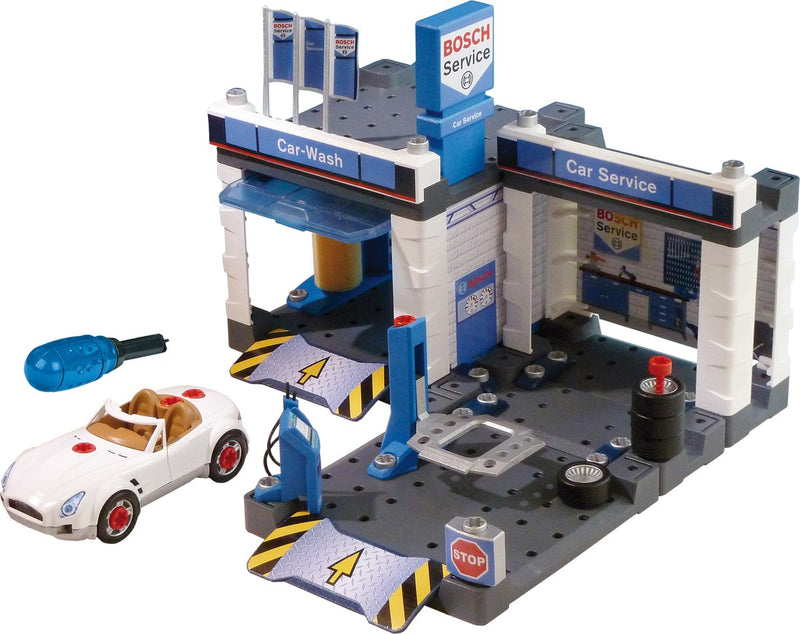 Klein Toys Bosch Car Service Garage - Jouet à assembler avec pont élévateur et lave-auto - 41x39x29 cm - Bleu