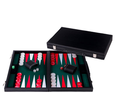 Backgammon Longfield 18 pouces - plateau incrusté vert, rouge et blanc - étui en cuir artificiel avec poignée - coeur d'ange