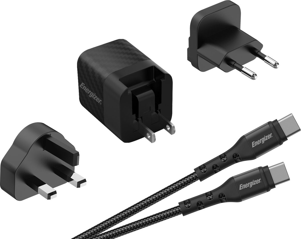Chargeur multiprise Energizer a20muc (États-Unis, Royaume-Uni, UE) - prise de voyage avec câble USB-C (noir) | 20w-4a