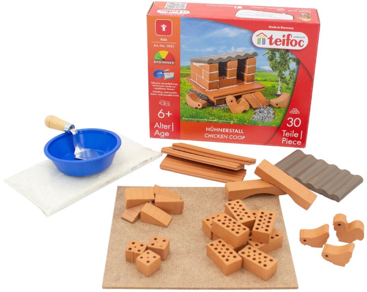 Coffret de construction Teifoc ® - Jeu de construction poulailler - 30 pièces - Véritables mini briques avec ciment, bol et truelle - Kit de construction pour enfants à partir de 6 ans