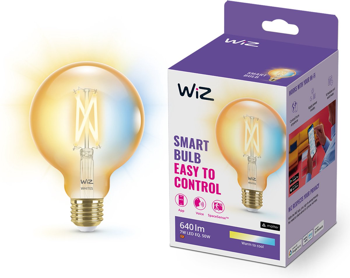 Lampe globe à filament Wiz - lumière blanche chaude à froide - éclairage LED intelligent - culot E27 - 50w - or - wi-fi - petite ampoule : g95