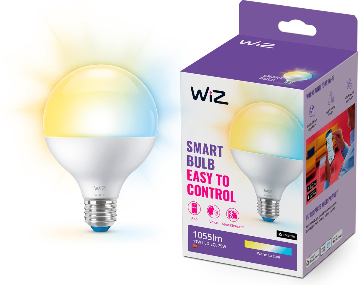 Lampe globe Wiz - lumière blanc chaud à froid - éclairage LED intelligent - culot E27 - 75w - mat - wi-fi
