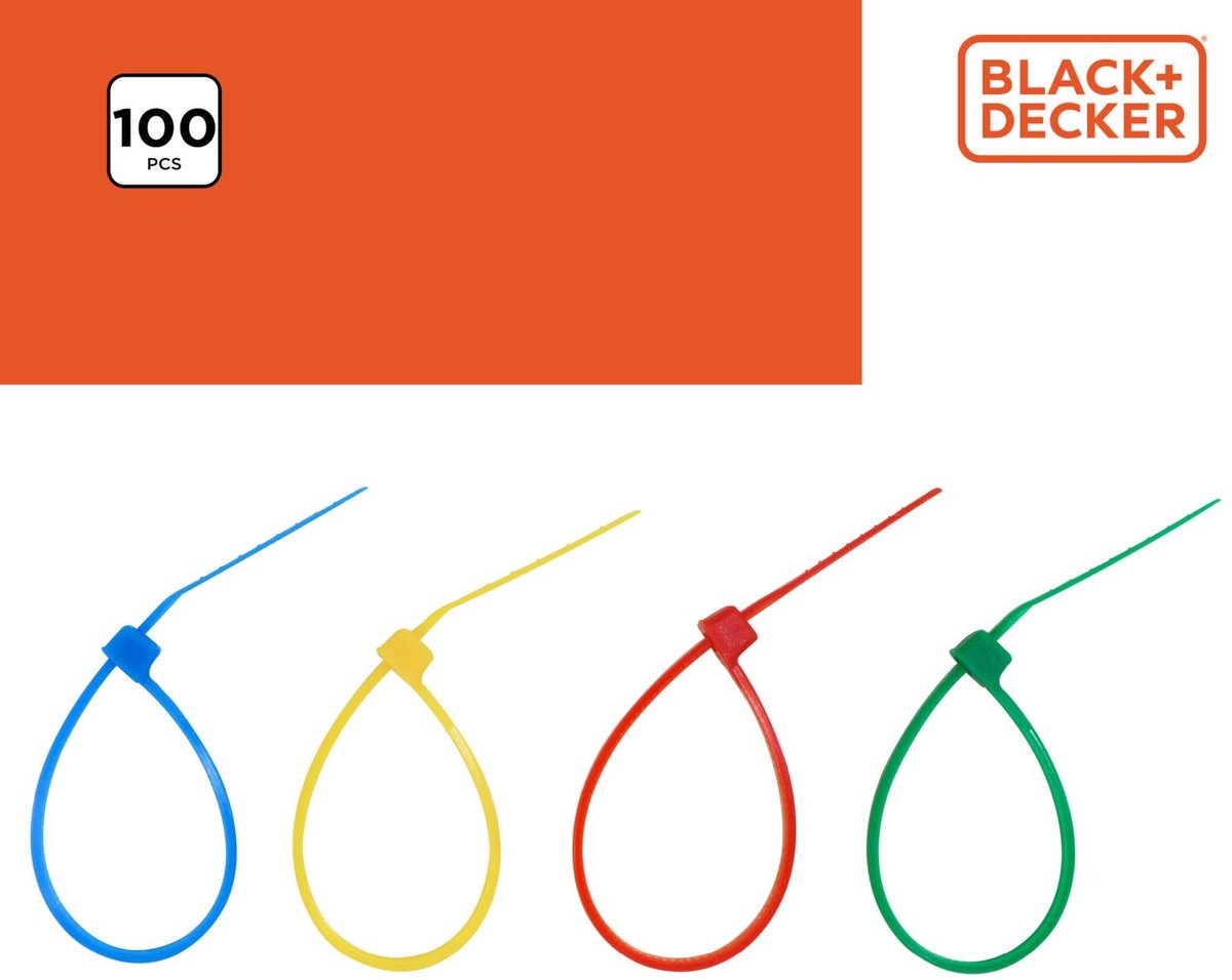 Attaches de câble Black+decker 100 pcs - plastique - bleu, rouge, jaune et vert