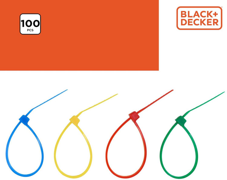 Attaches de câble Black+decker 100 pcs - plastique - bleu, rouge, jaune et vert
