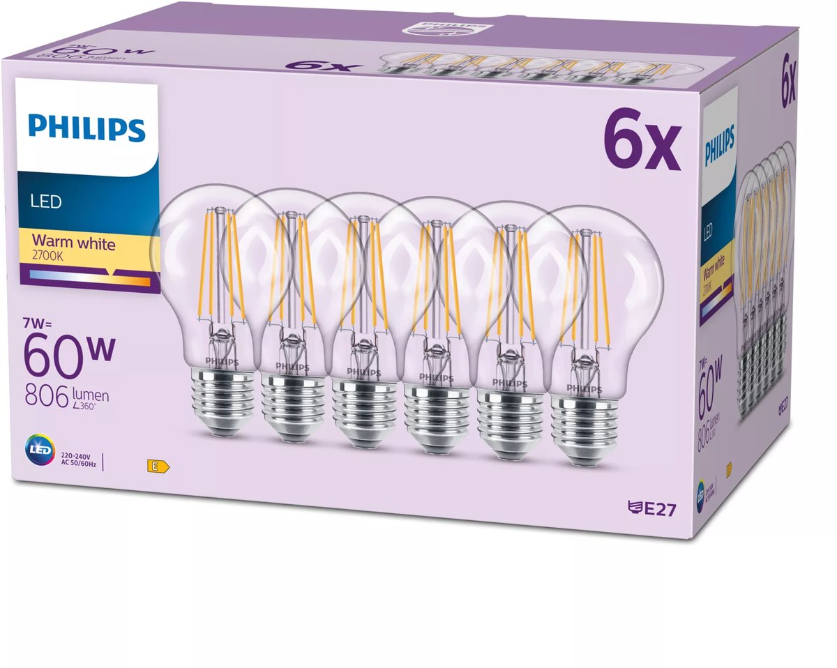 Lampe LED Philips mate - 60 w - E27 - lumière blanc chaud - 6 pièces