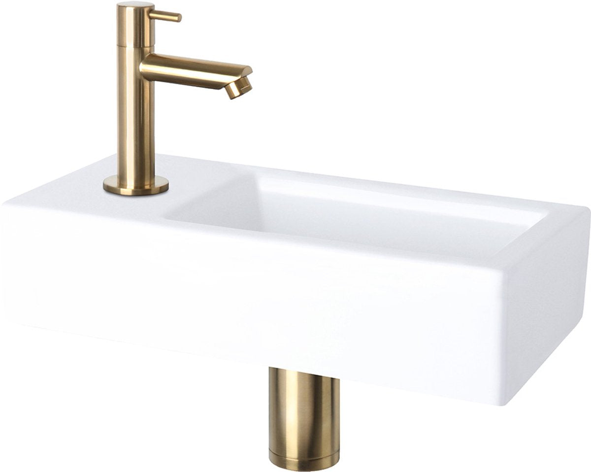 Differnz ensemble fontaine helios 37,5x18,5x9 cm – lavabo en céramique blanc – avec robinet d'eau froide gauche droite or mat – ensemble fontaine WC – incl. siphon bouchon de vidange toujours ouvert – montage mural