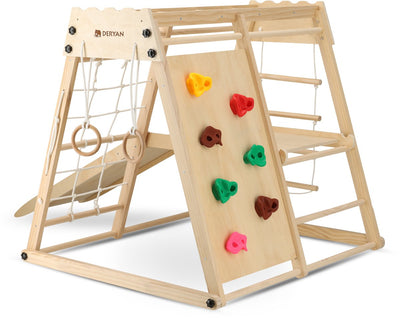 Aire de jeux en bois Deryan - pliable - avec mur d'escalade toboggan