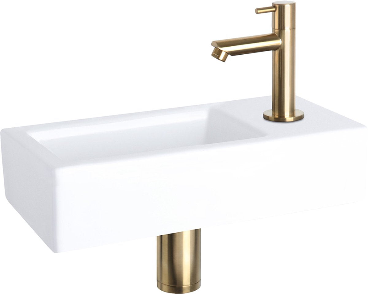 Ensemble fontaine Differnz Helios – lavabo en céramique 37,5x18,5x9,5 cm – ensemble fontaine de WC avec robinet de lavabo à droite or mat – lavabo avec robinet droit et poignée standard – pour salle de bain ou WC