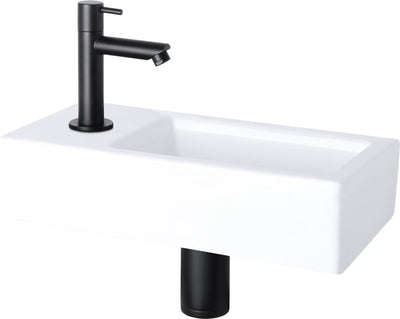 Ensemble fontaine Differnz Helios - 37,5x18,5x9,5cm - rectangle - 1 trou de robinetterie à gauche - robinet droit noir mat - blanc