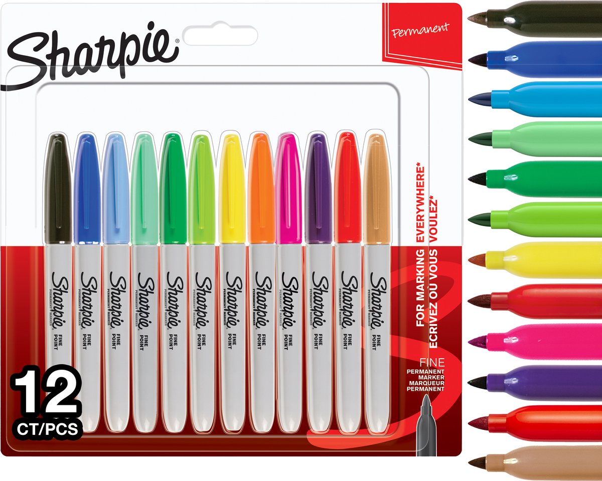 Marqueurs permanents Sharpie | point fin | différentes couleurs | 12 pièces