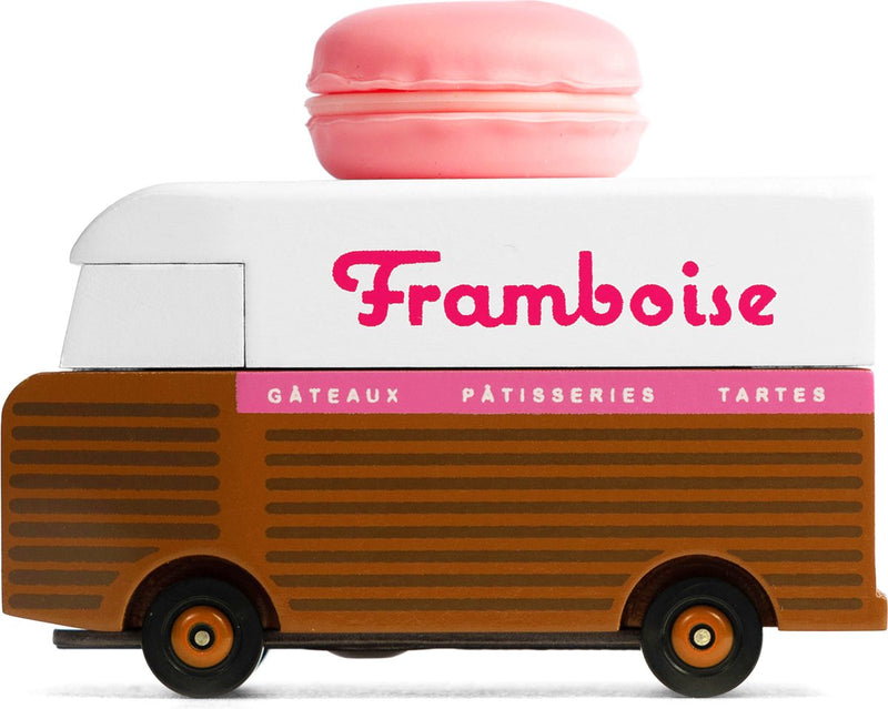 Candylab Toys Candycar Vans : macaron de rose (h189) 8,4x4,1x6,5 cm, moulé sous pression en bois, dans une boîte cadeau, 3+