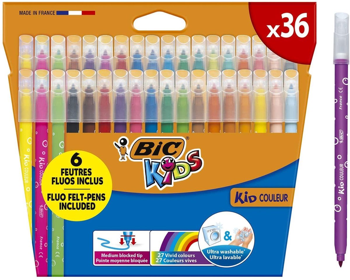 Marqueurs de couleur pour enfants Bic kids - assortiment de couleurs - paquet de 36 pièces