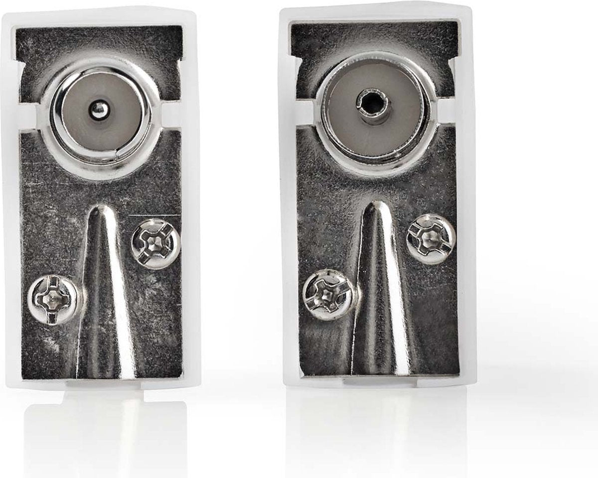 Connecteur Nedis iec (coaxial) - coudé - femelle mâle - nickelé - 75 ohm - vis - diamètre d'entrée de câble : 7,0 mm - métal polychlorure de vinyle (PVC) - blanc - 2 pièces - boîte