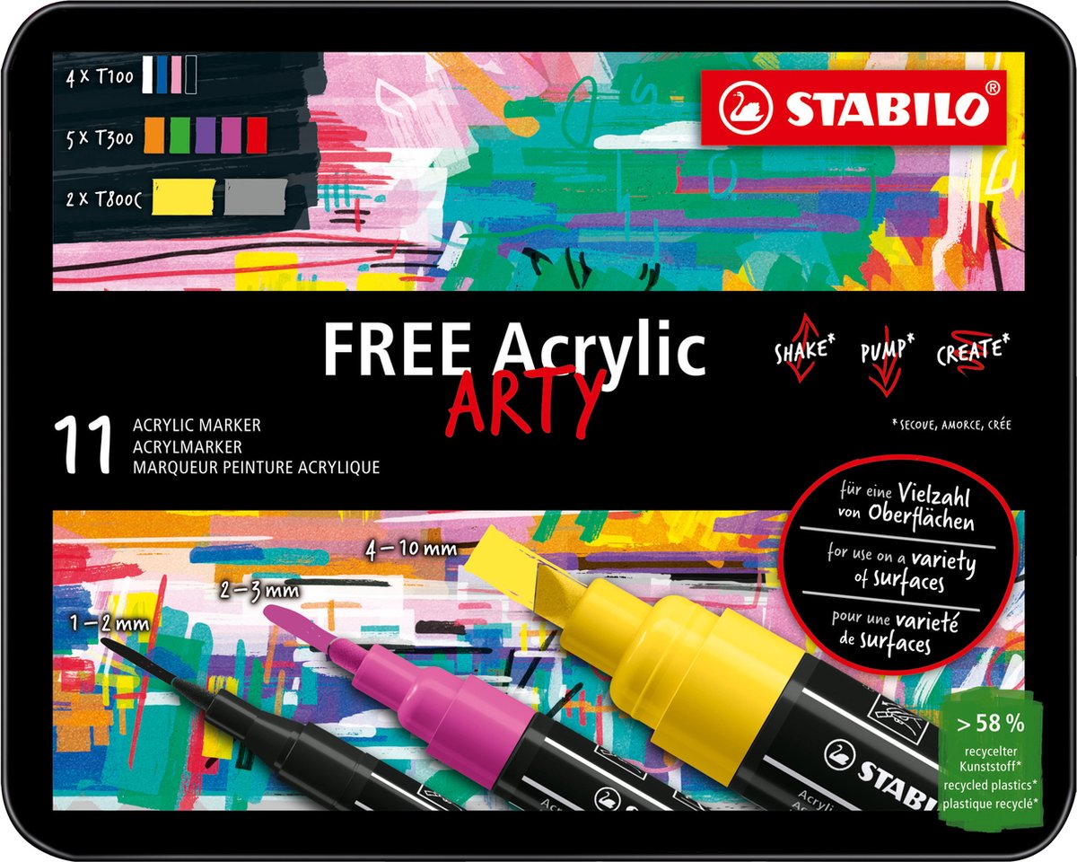 Stabilo free - marqueur acrylique - set de démarrage - 11 marqueurs acryliques - 3 tailles de pointe différentes
