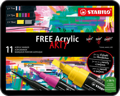 Stabilo free - marqueur acrylique - set de démarrage - 11 marqueurs acryliques - 3 tailles de pointe différentes