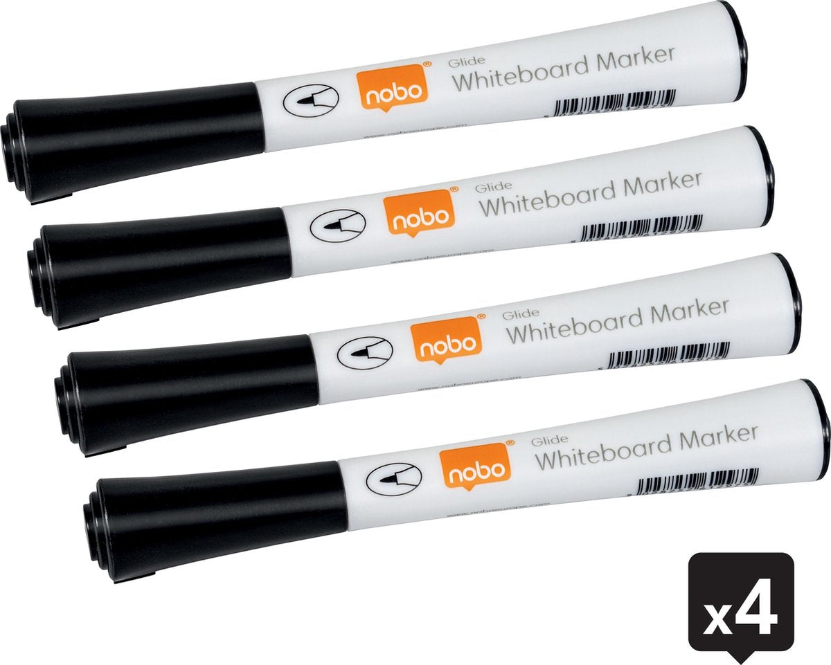 Marqueurs pour tableau blanc Nobo Glide à pointe fine - pack de 4 - noir