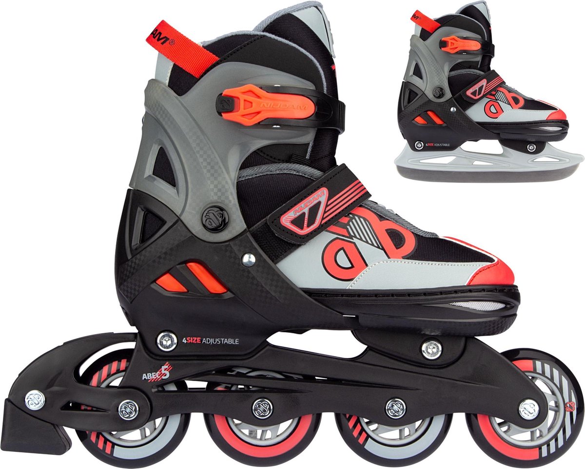 Nijdam rollers en ligne combo 2 en 1 enfant réglables - hockey sur glace - noir rouge - taille 37-40
