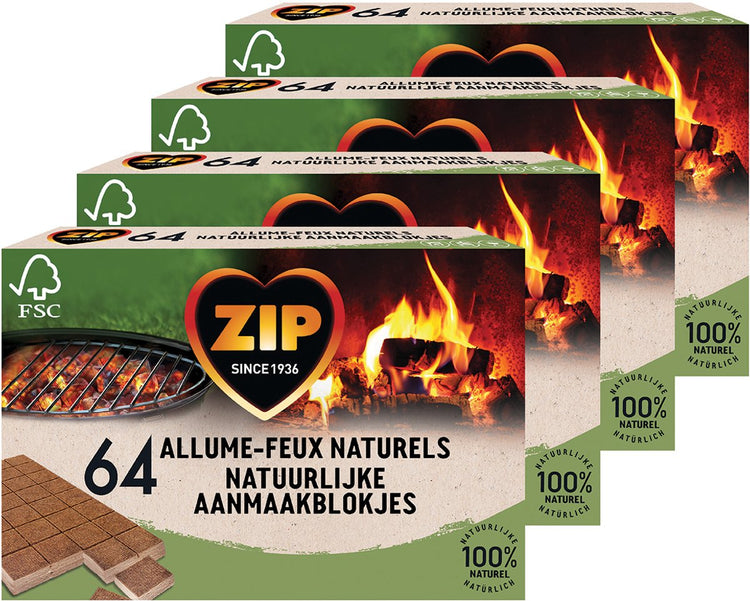 Allume-feu Zip 265 pièces - cubes de cheminée BBQ - allume-feu marron - naturels et inodores - 4 x 64 pièces