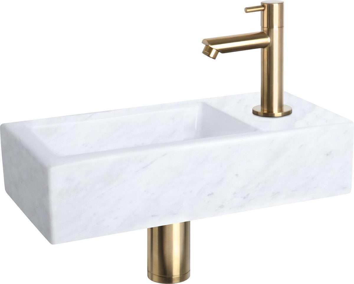 Ensemble fontaine Differnz Helios - 37,5x18,5x9,5cm - rectangle - 1 trou de robinetterie - robinet droit or mat - marbre pierre minérale