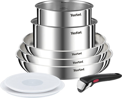 Tefal ingenio emotion l8968s04 – set de poêles 8 pièces – poêles à frire en acier inoxydable – poignée amovible – couvercles hermétiques – empilables – passent au four à induction