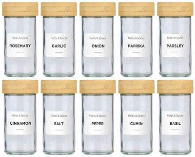 Pots à épices Alpina lot de 12 - comprenant des autocollants à épices et des couvercles à saupoudrer - bocaux en verre avec couvercle - organisateurs de cuisine - bambou