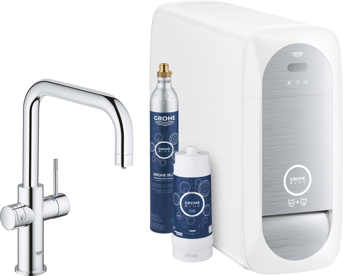 Robinet de cuisine Grohe blue home duo - avec Bluetooth et WiFi - kit de démarrage - bec en U - chrome - pour eau purifiée, réfrigérée et gazeuse