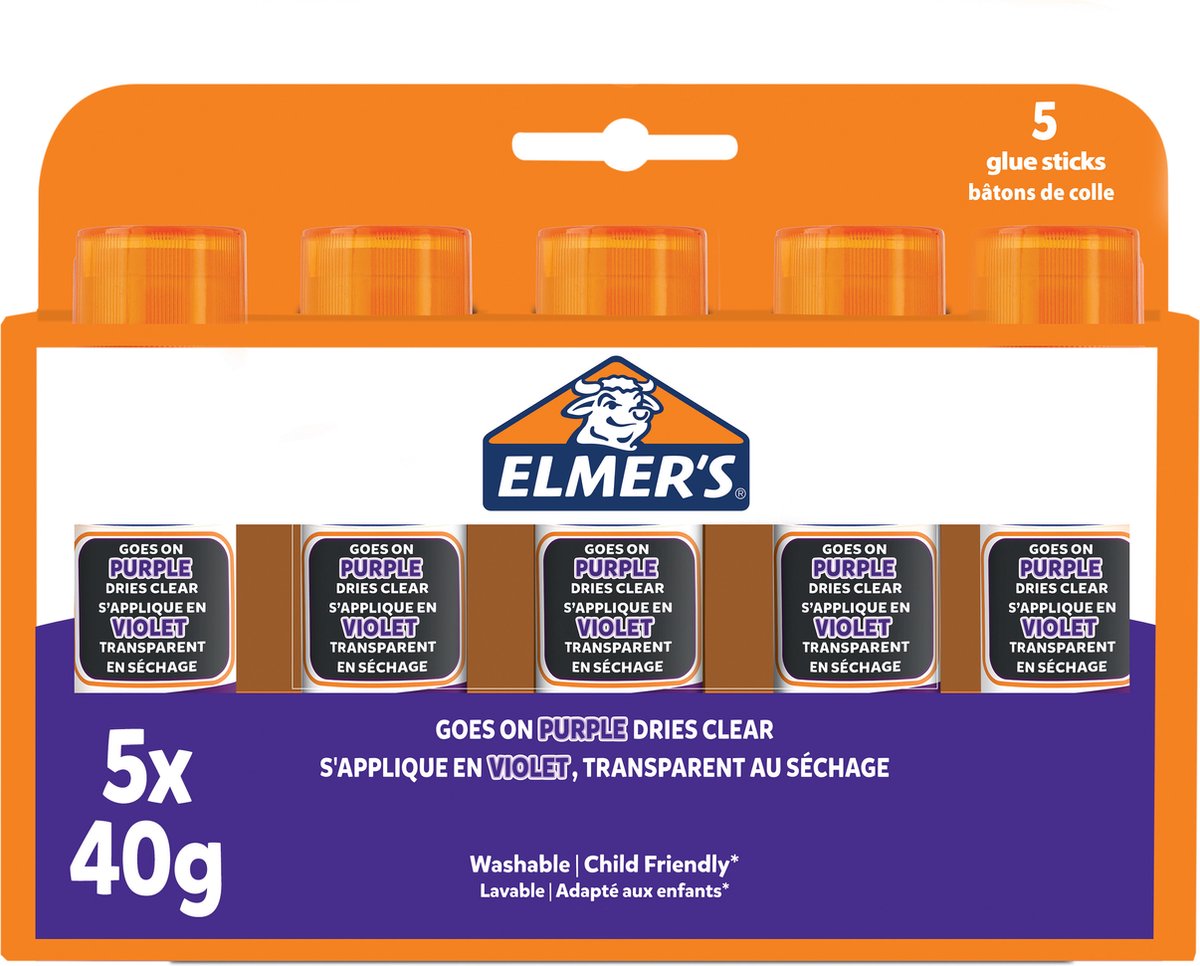 Bâtons de colle Elmer's avec colle violette qui disparaît | sèche incolore | idéal pour l'artisanat et l'école | lavable et adapté aux enfants | 40g | 5 pièces