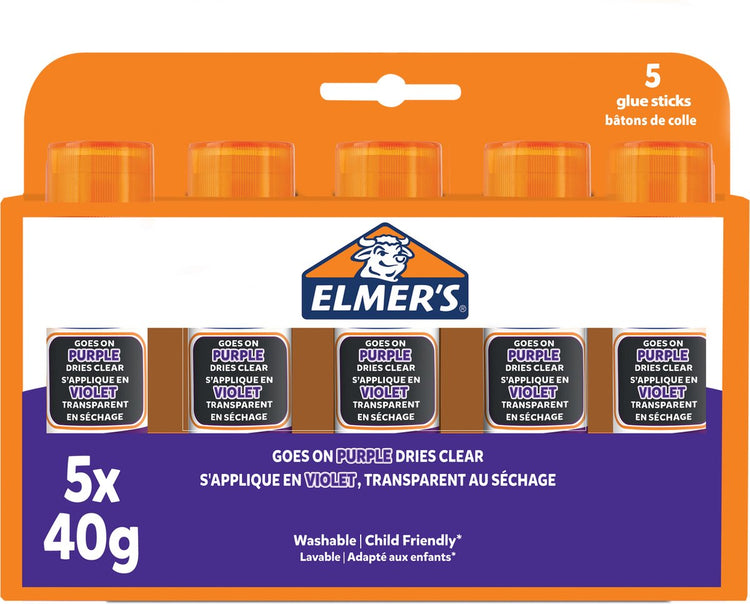 Bâtons de colle Elmer's avec colle violette qui disparaît | sèche incolore | idéal pour l'artisanat et l'école | lavable et adapté aux enfants | 40g | 5 pièces